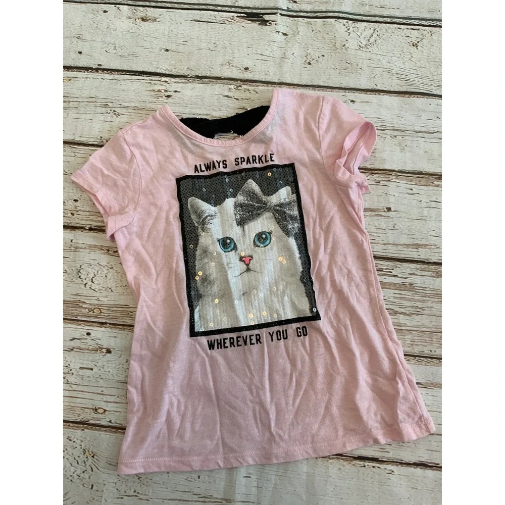 Justice Girls Pink Cat Sparkle Tee and Sequin Skirt Set Size 8‎ 3pc Lot